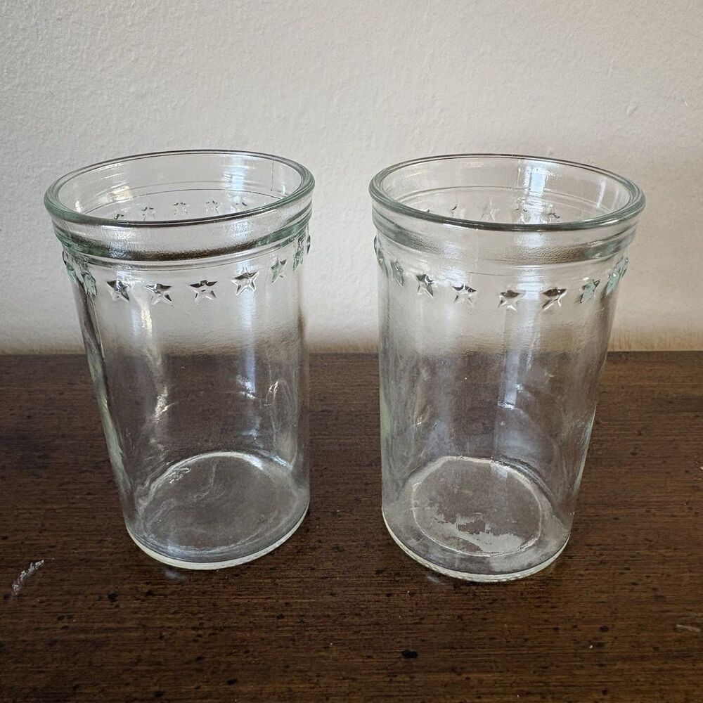 VINTAGE Two (2) Glass Clear Jelly Jar Juice Glasses w/Stars Jars 3.5”